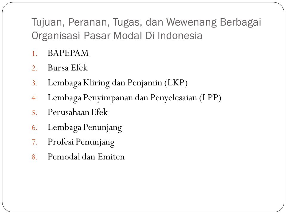 Tujuan, Peranan, Tugas, dan Wewenang Berbagai Organisasi Pasar Modal Di Indonesia