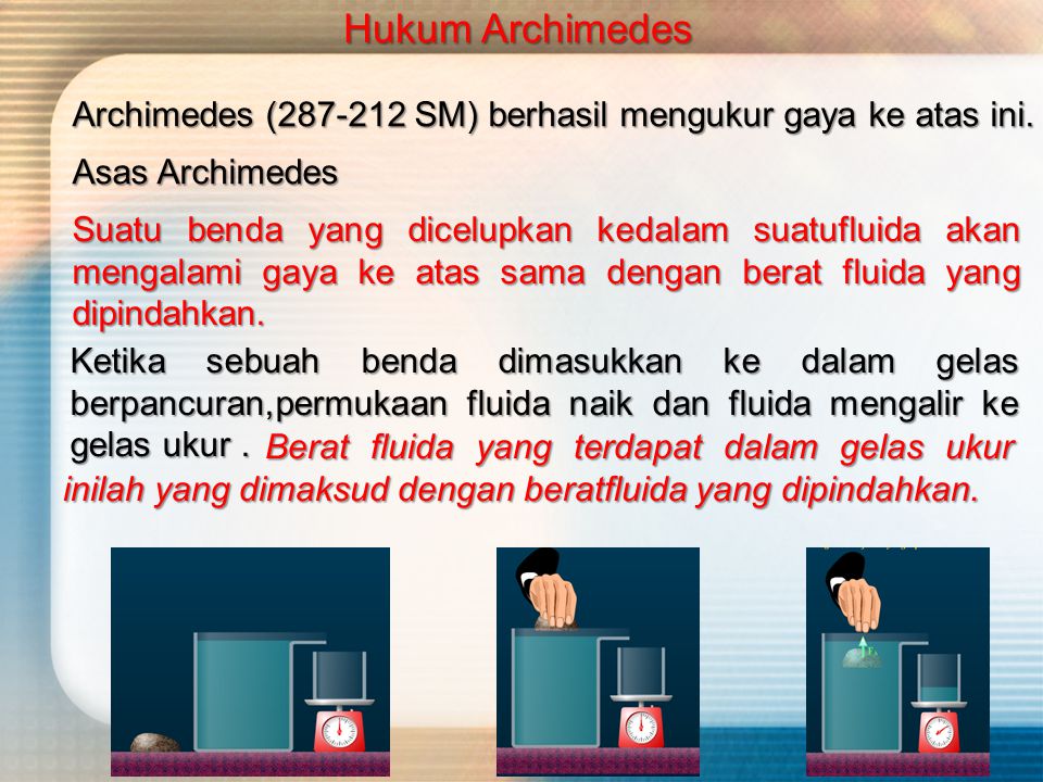 Hukum Archimedes Archimedes ( SM) berhasil mengukur gaya ke atas ini. Asas Archimedes.