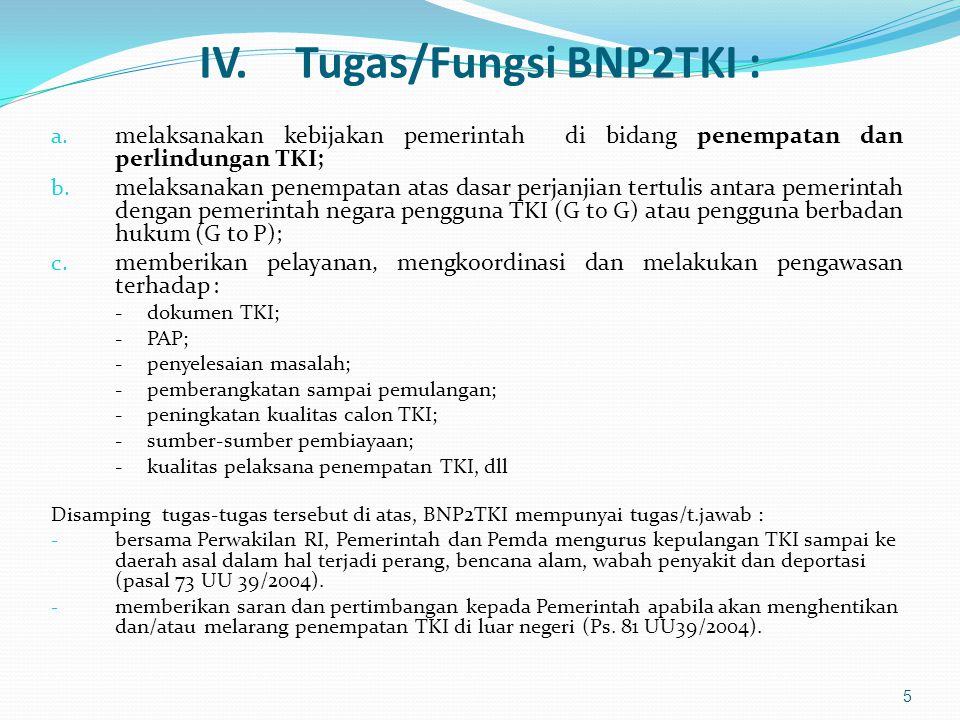 IV. Tugas/Fungsi BNP2TKI :