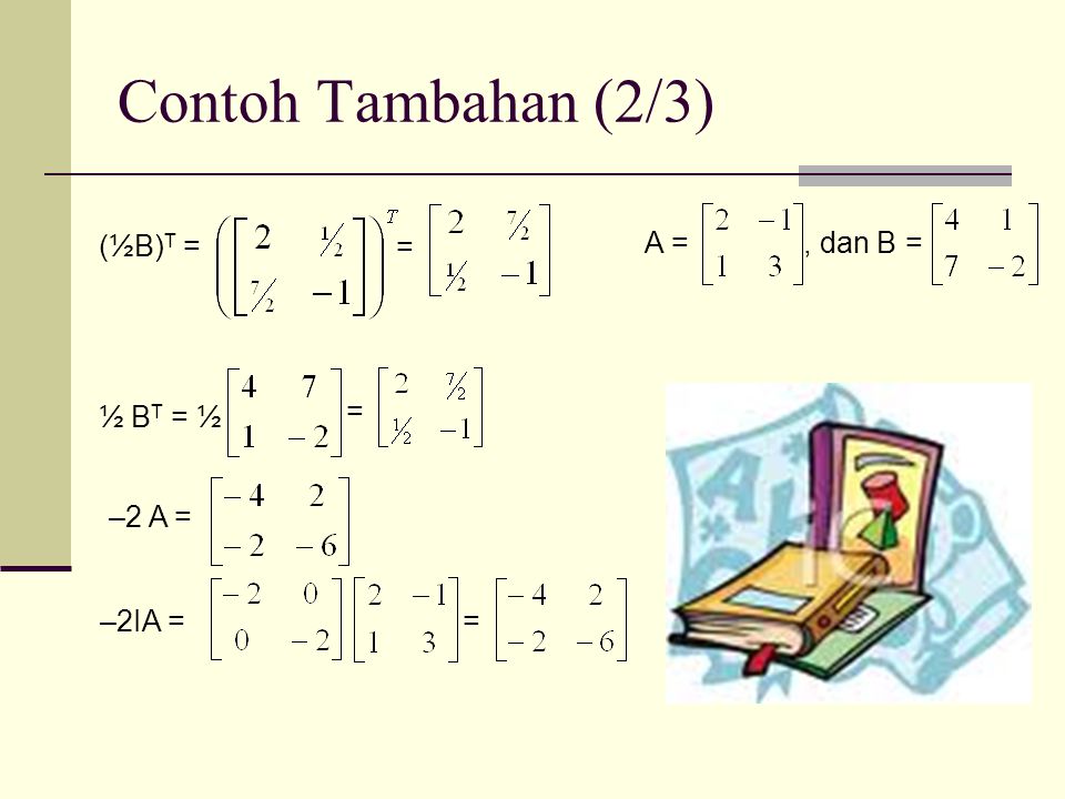 Contoh Tambahan (2/3) (½B)T = = A = , dan B = ½ BT = ½ = –2 A = –2IA =