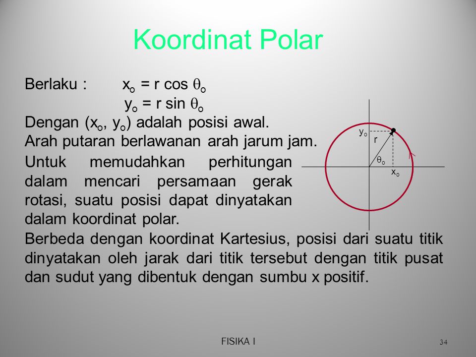 Koordinat Polar Berlaku : xo = r cos o yo = r sin o