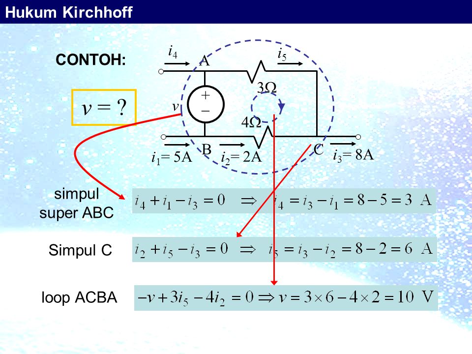 v = Hukum Kirchhoff +  3 4 v i4 i1= 5A i3= 8A A B C i5 i2= 2A