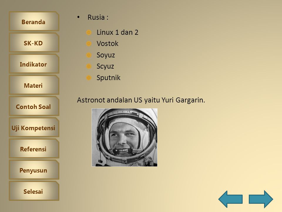 Rusia : Linux 1 dan 2 Vostok Soyuz Scyuz Sputnik Astronot andalan US yaitu Yuri Gargarin.