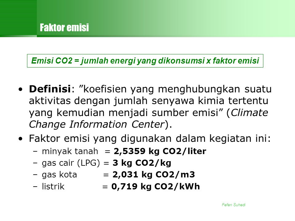 Emisi CO2 = jumlah energi yang dikonsumsi x faktor emisi