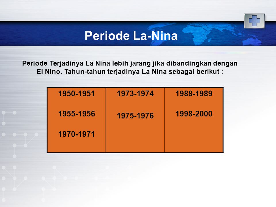 Periode La-Nina Periode Terjadinya La Nina lebih jarang jika dibandingkan dengan El Nino. Tahun-tahun terjadinya La Nina sebagai berikut :
