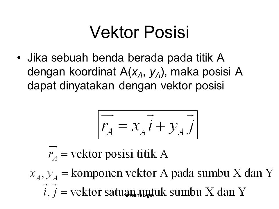 Vektor Posisi Jika sebuah benda berada pada titik A dengan koordinat A(xA, yA), maka posisi A dapat dinyatakan dengan vektor posisi.