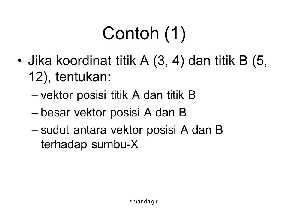 Contoh (1) Jika koordinat titik A (3, 4) dan titik B (5, 12), tentukan: vektor posisi titik A dan titik B.