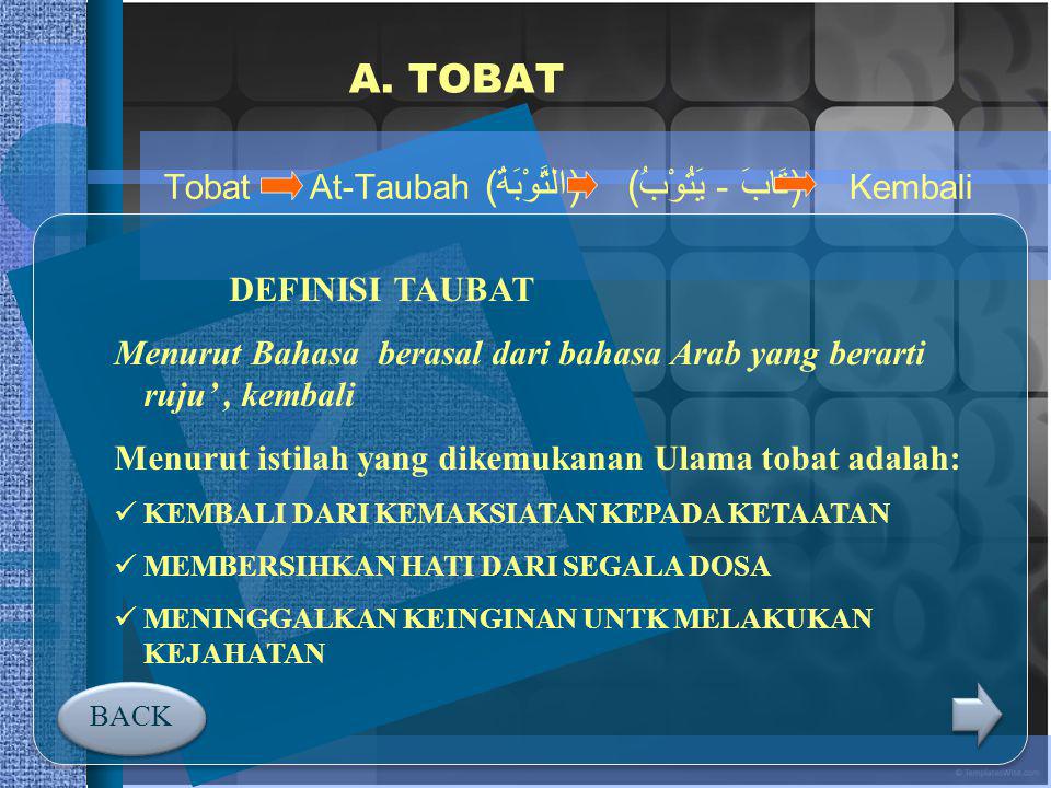 A. TOBAT Tobat At-Taubah (التَّوْبَةُ) (تَابَ - يَتُوْبُ) Kembali