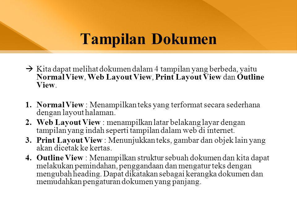 Tampilan Dokumen Kita dapat melihat dokumen dalam 4 tampilan yang berbeda, yaitu Normal View, Web Layout View, Print Layout View dan Outline View.