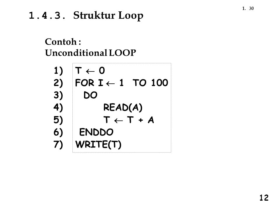 Struktur Loop Contoh : Unconditional LOOP 1) 2) 3) 4) 5) 6) 7)