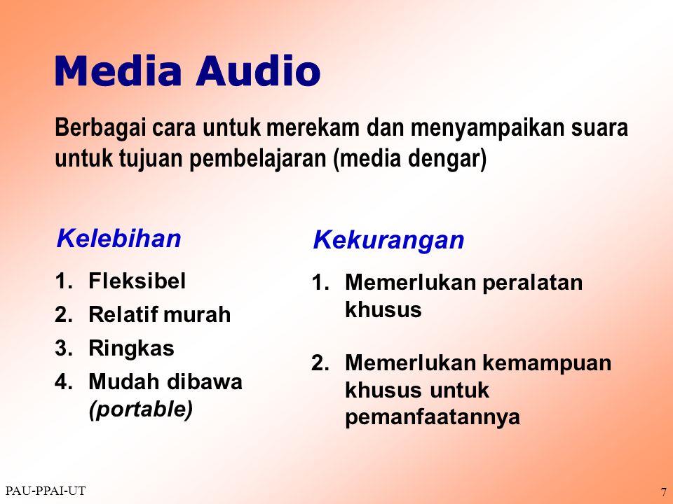 Media Audio Berbagai cara untuk merekam dan menyampaikan suara untuk tujuan pembelajaran (media dengar)