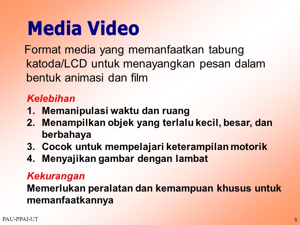 Media Video Format media yang memanfaatkan tabung katoda/LCD untuk menayangkan pesan dalam bentuk animasi dan film.