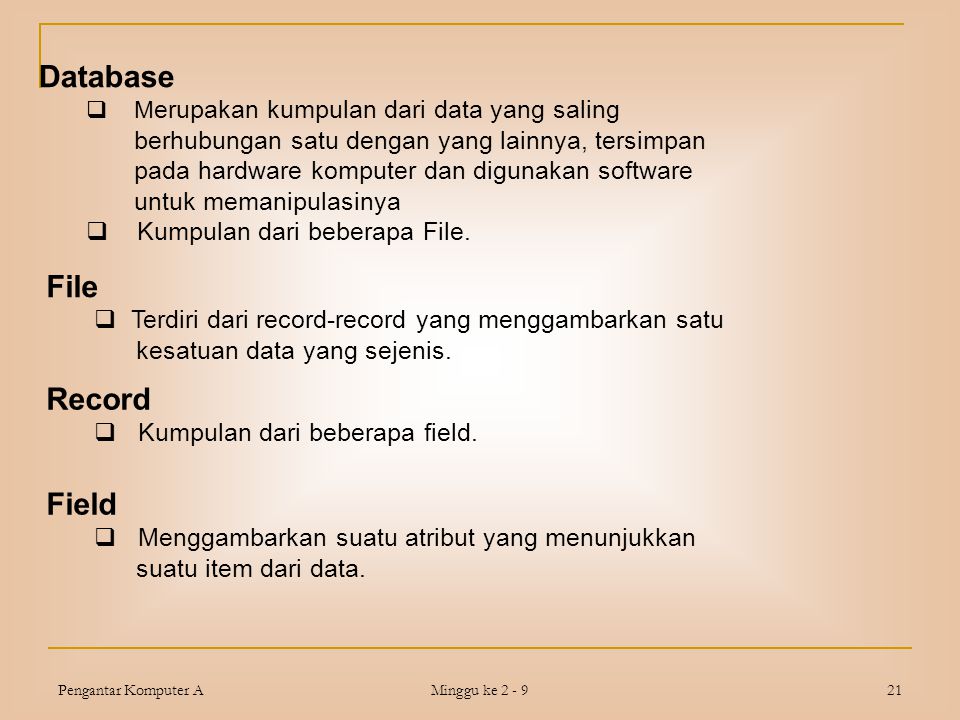 Database File Record Field Kumpulan dari beberapa File.