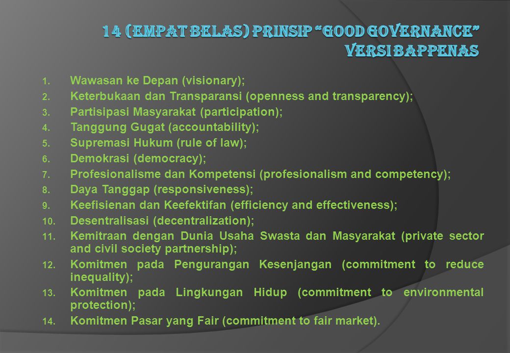 14 (empat belas) Prinsip Good Governance versi Bappenas