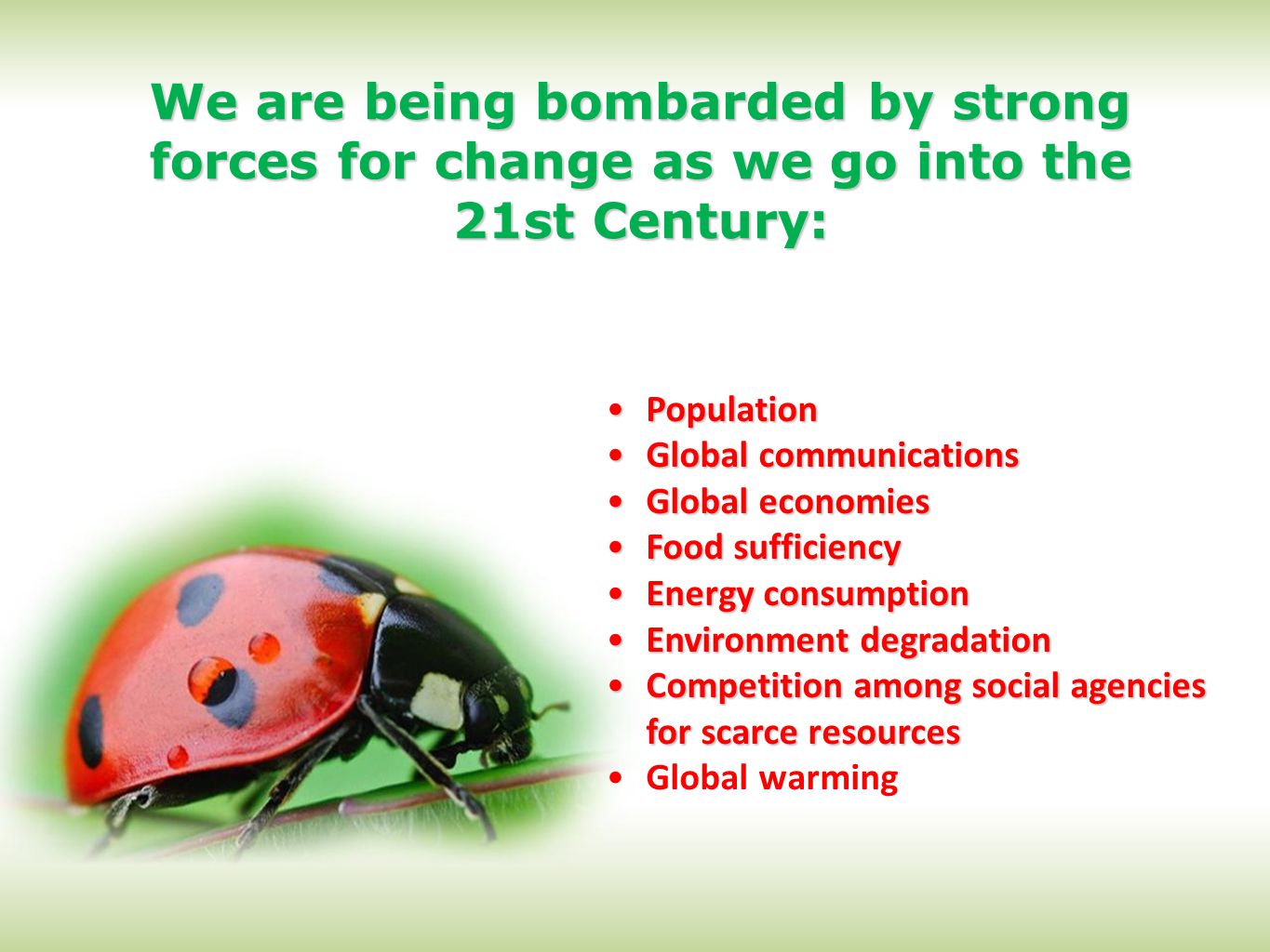 We are being bombarded by strong forces for change as we go into the 21st Century: