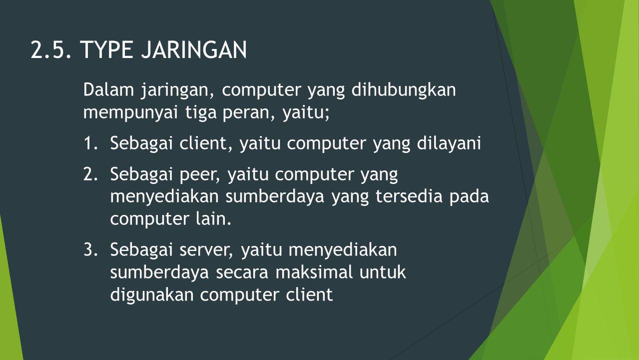 2.5. TYPE JARINGAN Dalam jaringan, computer yang dihubungkan mempunyai tiga peran, yaitu; Sebagai client, yaitu computer yang dilayani.