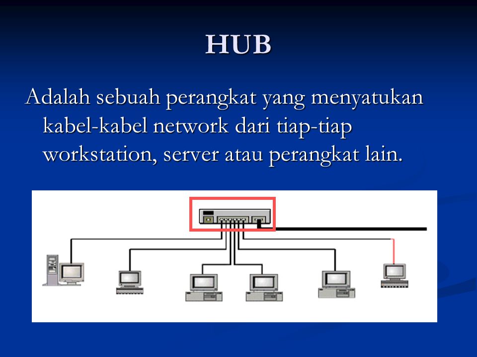 HUB Adalah sebuah perangkat yang menyatukan kabel-kabel network dari tiap-tiap workstation, server atau perangkat lain.