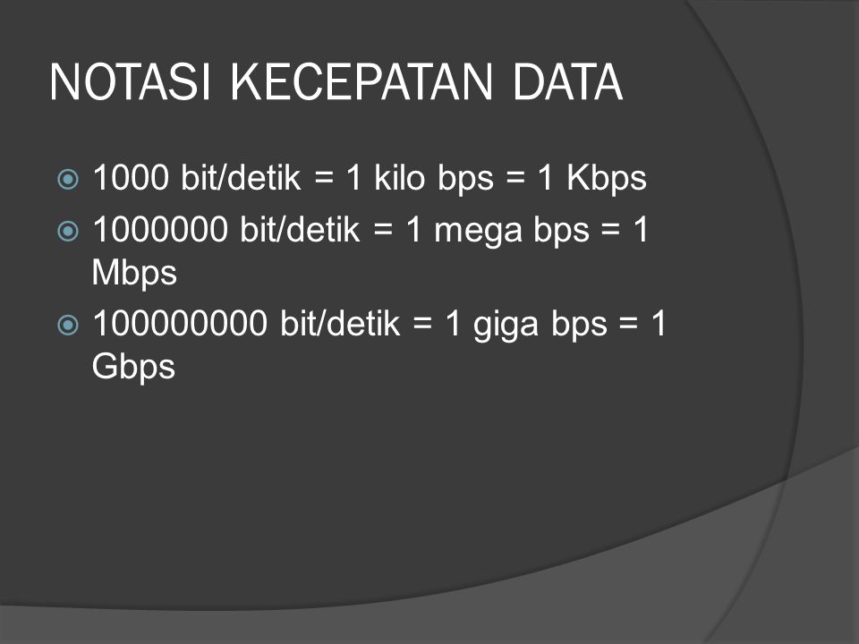 NOTASI KECEPATAN DATA 1000 bit/detik = 1 kilo bps = 1 Kbps