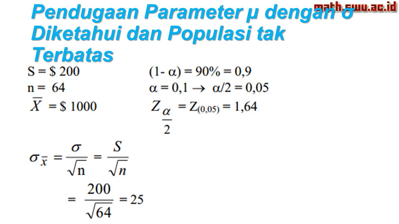 Pendugaan Parameter µ dengan σ Diketahui dan Populasi tak Terbatas