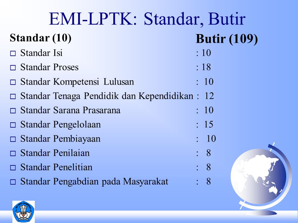 EMI-LPTK: Standar, Butir