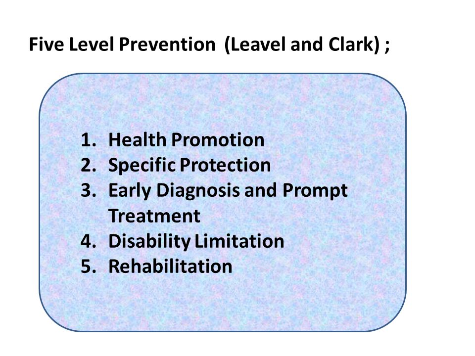 Five Level Prevention (Leavel and Clark) ;