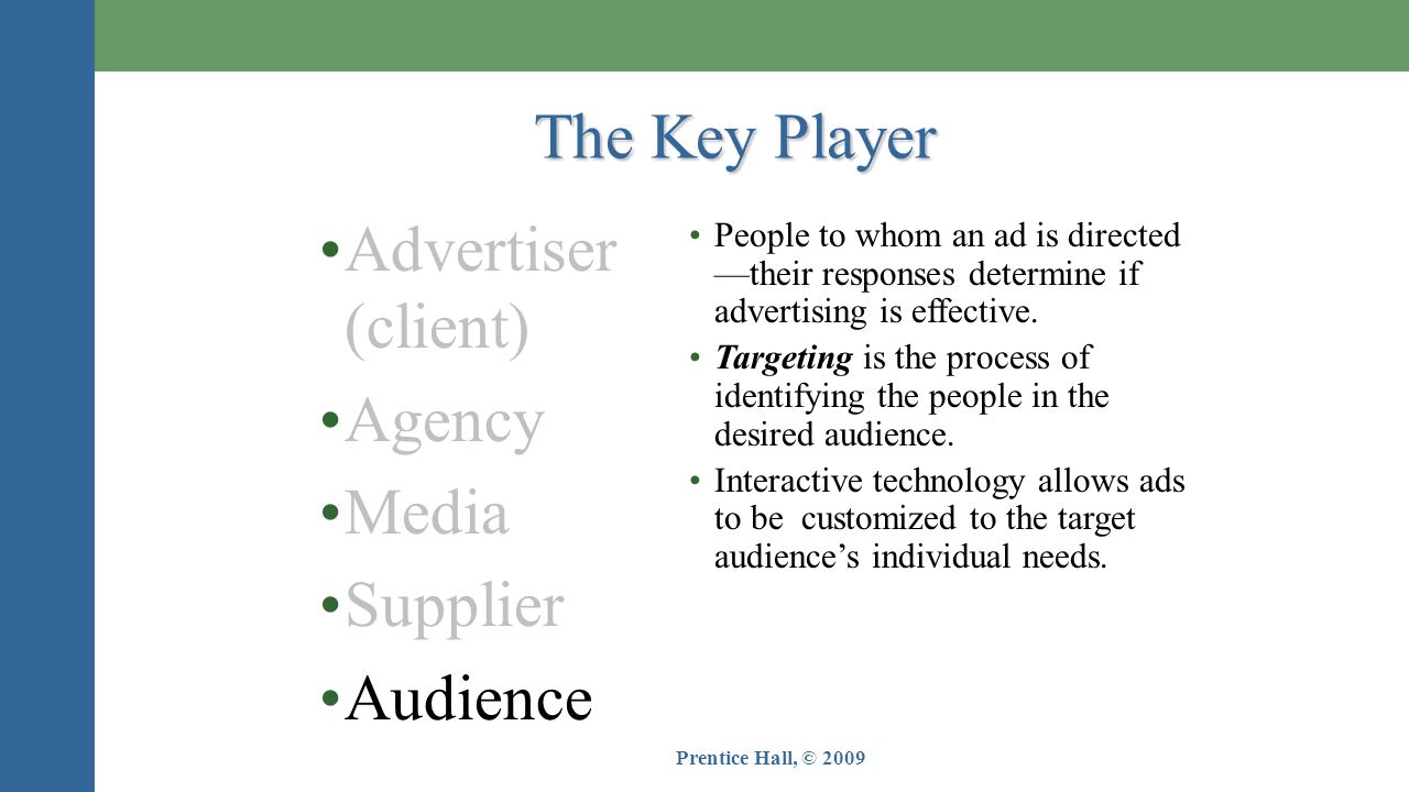 The Key Player Advertiser (client) Agency Media Supplier Audience