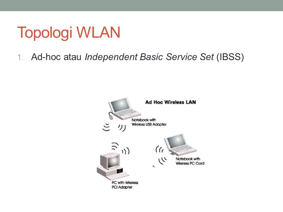 Topologi WLAN Ad-hoc atau Independent Basic Service Set (IBSS)