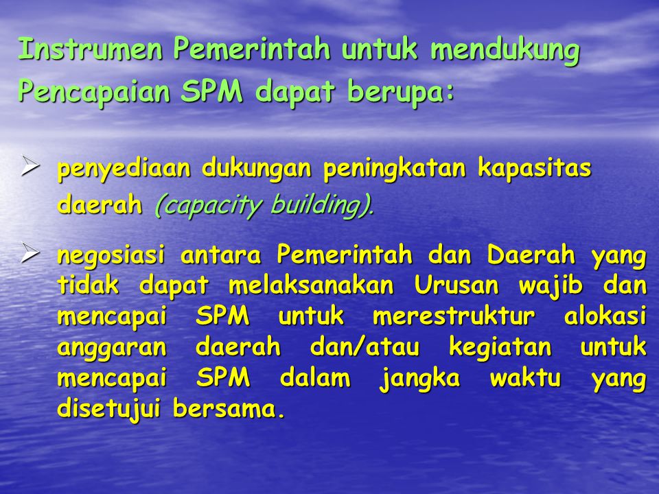 Instrumen Pemerintah untuk mendukung Pencapaian SPM dapat berupa:
