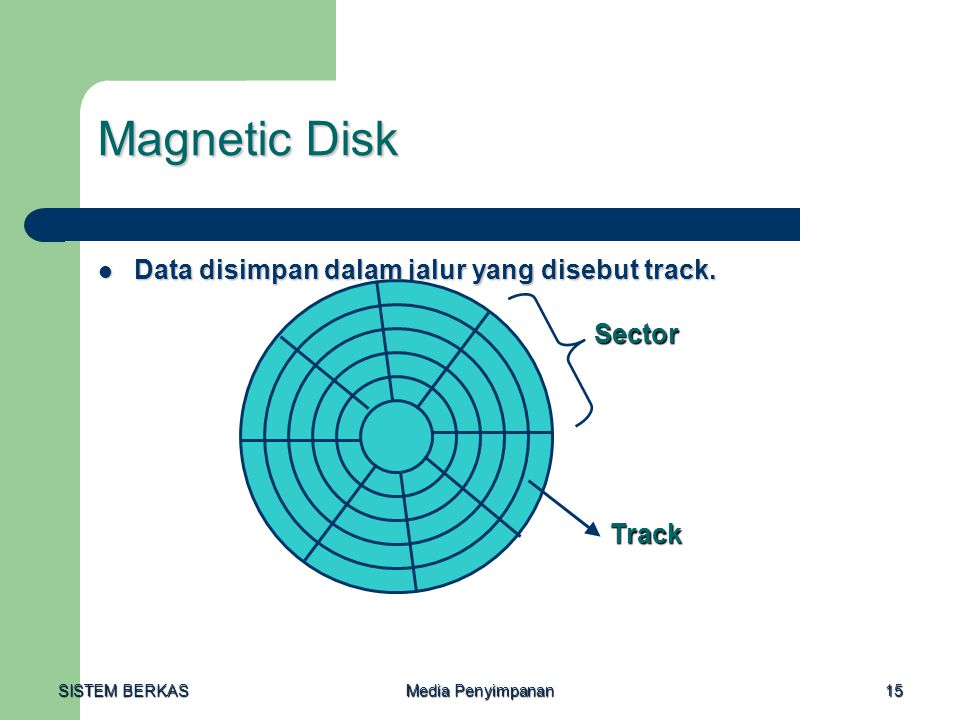 Magnetic Disk Data disimpan dalam jalur yang disebut track. Sector