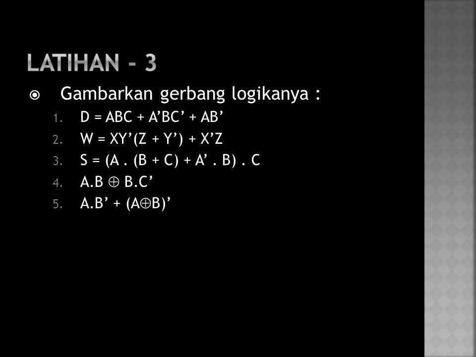 LATIHAN - 3 Gambarkan gerbang logikanya : D = ABC + A’BC’ + AB’