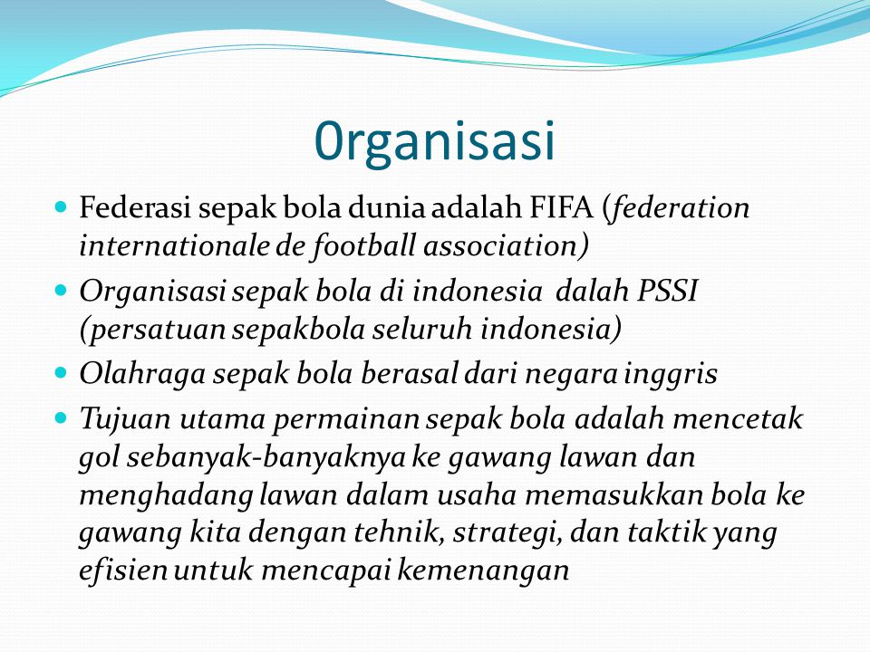 0rganisasi Federasi sepak bola dunia adalah FIFA (federation internationale de football association)