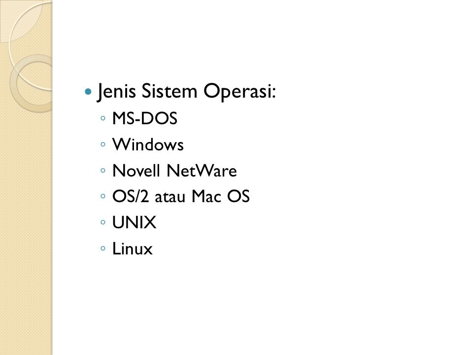 Jenis Sistem Operasi: MS-DOS Windows Novell NetWare OS/2 atau Mac OS