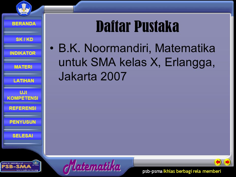 Daftar Pustaka SK / KD. B.K. Noormandiri, Matematika untuk SMA kelas X, Erlangga, Jakarta INDIKATOR.