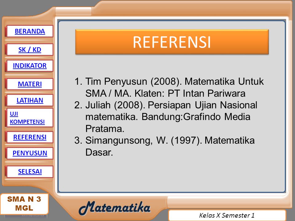 BERANDA REFERENSI. SK / KD. INDIKATOR. Tim Penyusun (2008). Matematika Untuk SMA / MA. Klaten: PT Intan Pariwara.