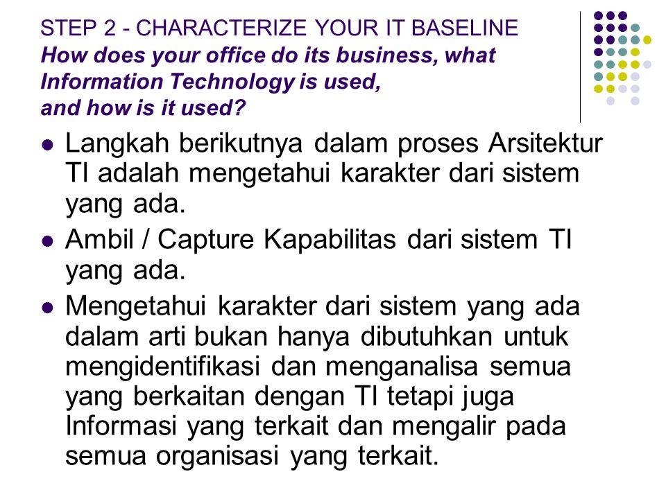 Ambil / Capture Kapabilitas dari sistem TI yang ada.