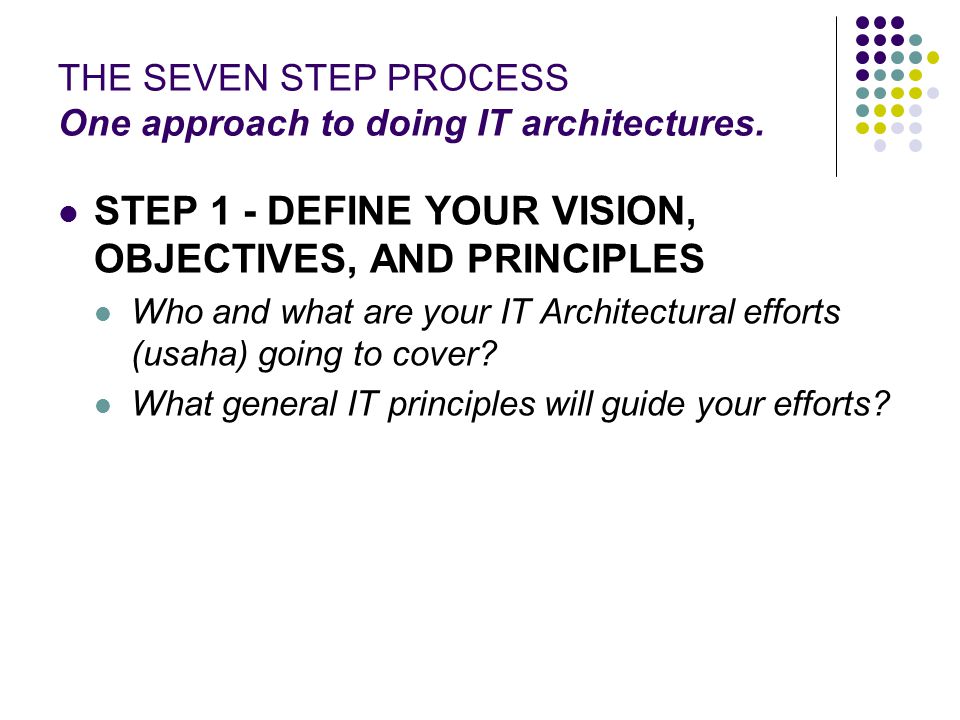 THE SEVEN STEP PROCESS One approach to doing IT architectures.