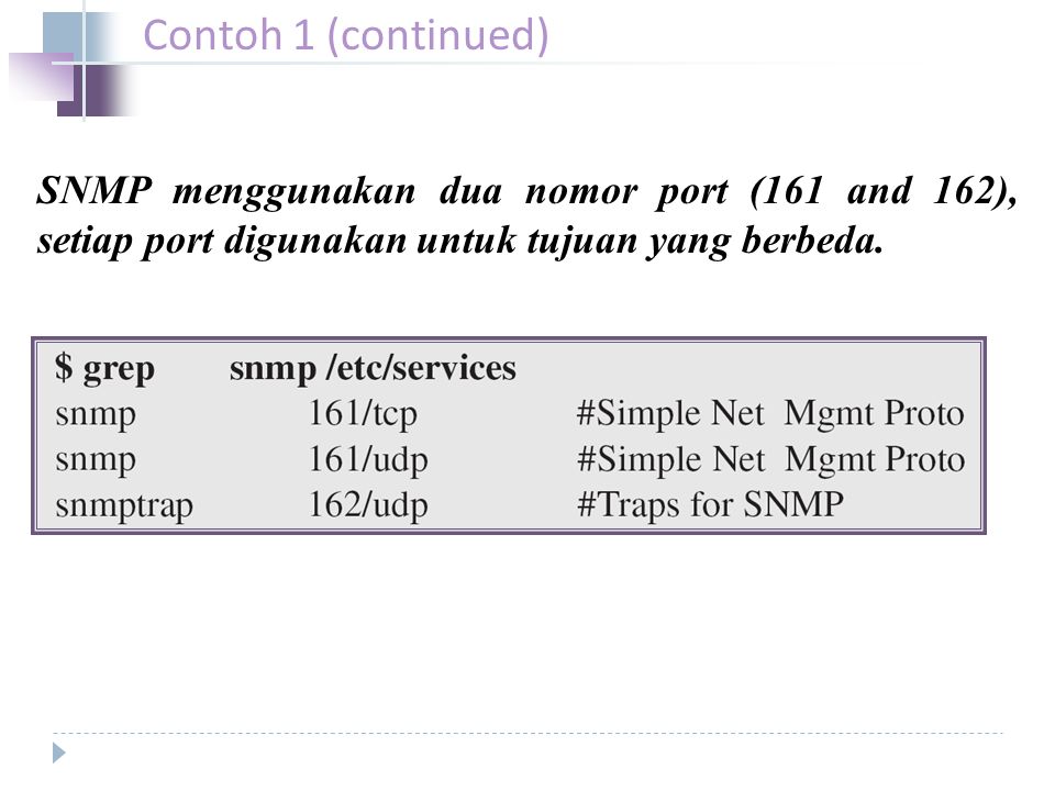 Contoh 1 (continued) SNMP menggunakan dua nomor port (161 and 162), setiap port digunakan untuk tujuan yang berbeda.