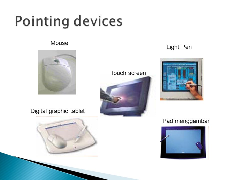 Pointing devices Mouse Light Pen Touch screen Digital graphic tablet