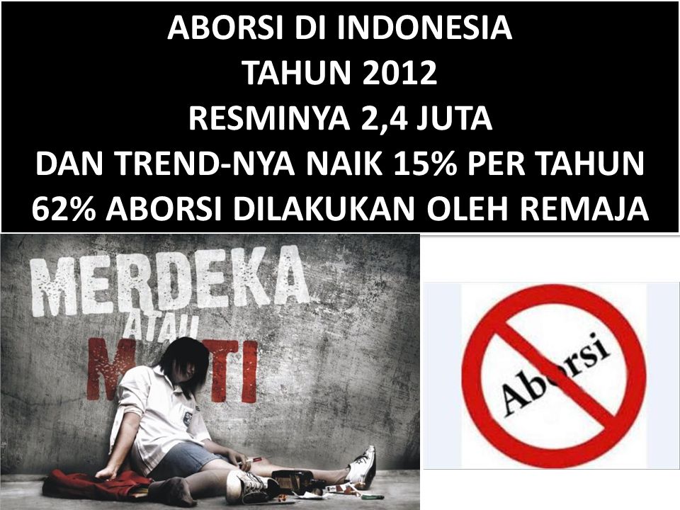 ABORSI DI INDONESIA TAHUN 2012 RESMINYA 2,4 JUTA DAN TREND-NYA NAIK 15% PER TAHUN 62% ABORSI DILAKUKAN OLEH REMAJA