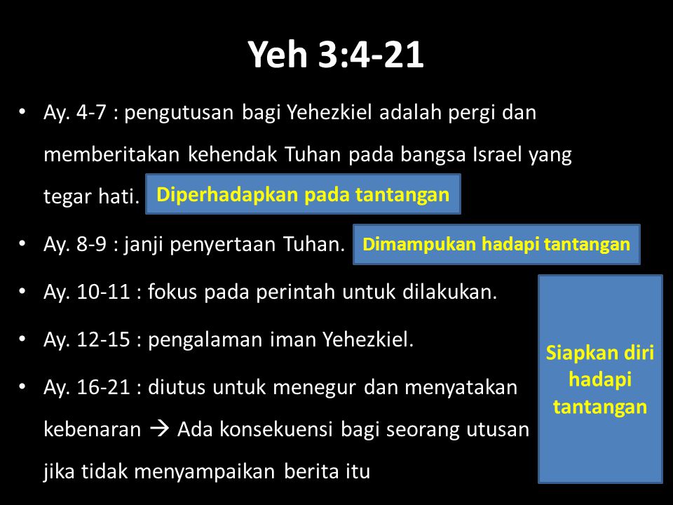 Yeh 3:4-21 Ay. 4-7 : pengutusan bagi Yehezkiel adalah pergi dan memberitakan kehendak Tuhan pada bangsa Israel yang tegar hati.