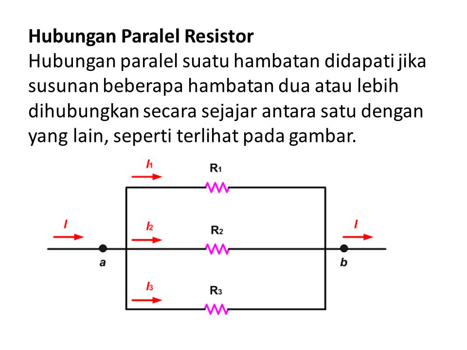 Hubungan Paralel Resistor Hubungan paralel suatu hambatan didapati jika susunan beberapa hambatan dua atau lebih dihubungkan secara sejajar antara satu dengan yang lain, seperti terlihat pada gambar.