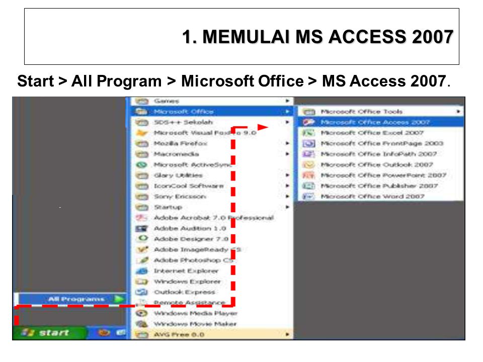 1. MEMULAI MS ACCESS 2007 Start > All Program > Microsoft Office > MS Access