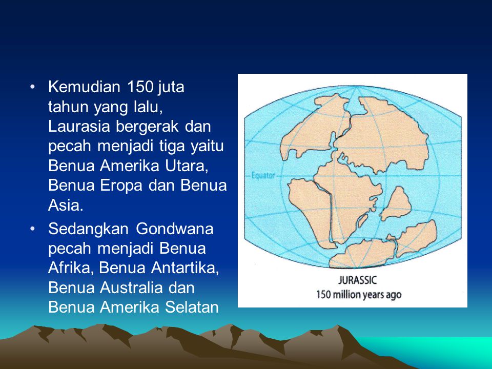 Kemudian 150 juta tahun yang lalu, Laurasia bergerak dan pecah menjadi tiga yaitu Benua Amerika Utara, Benua Eropa dan Benua Asia.