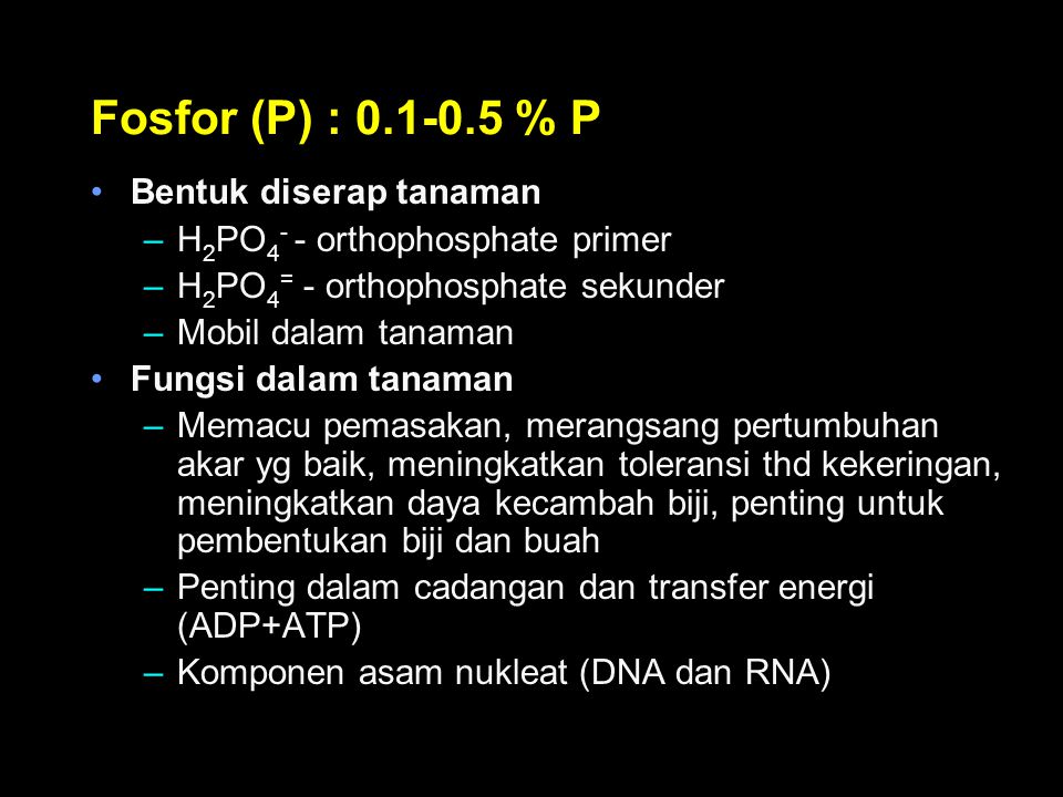Fosfor (P) : % P Bentuk diserap tanaman