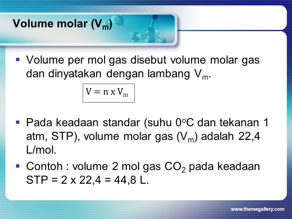 Contoh : volume 2 mol gas CO2 pada keadaan STP = 2 x 22,4 = 44,8 L.