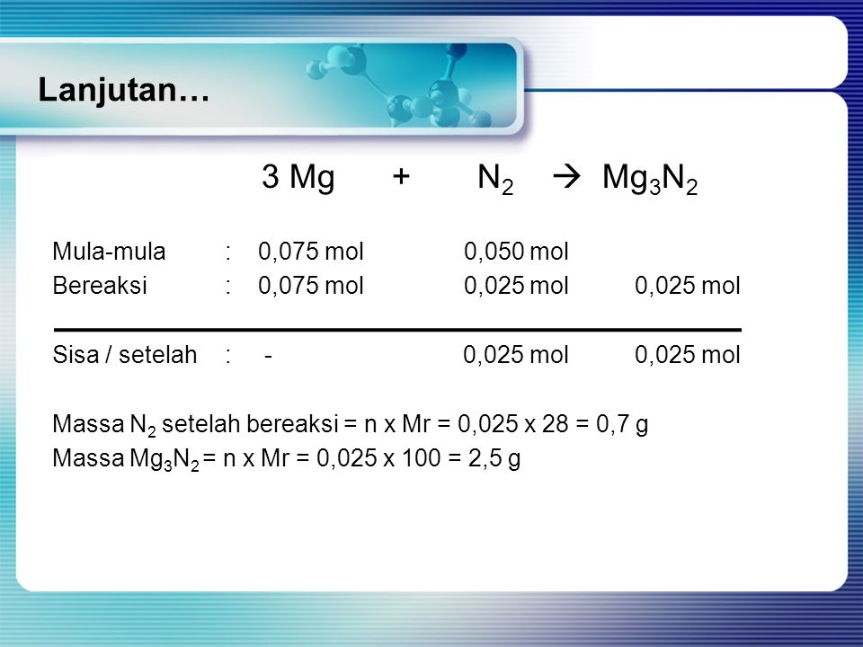 Lanjutan… 3 Mg + N2  Mg3N2 Mula-mula : 0,075 mol 0,050 mol