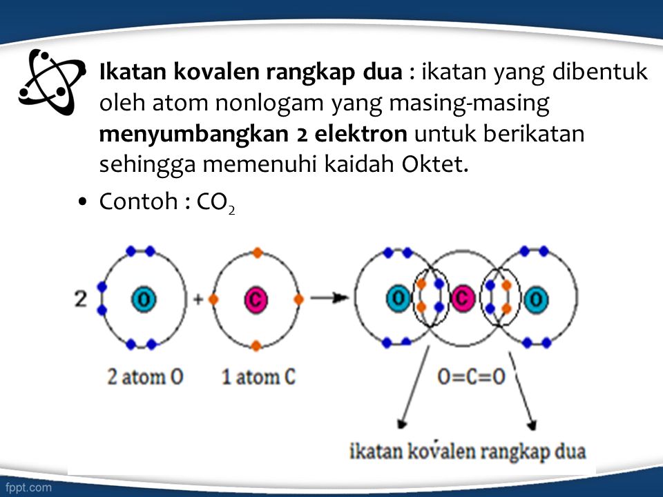 Ikatan kovalen rangkap dua : ikatan yang dibentuk oleh atom nonlogam yang masing-masing menyumbangkan 2 elektron untuk berikatan sehingga memenuhi kaidah Oktet.