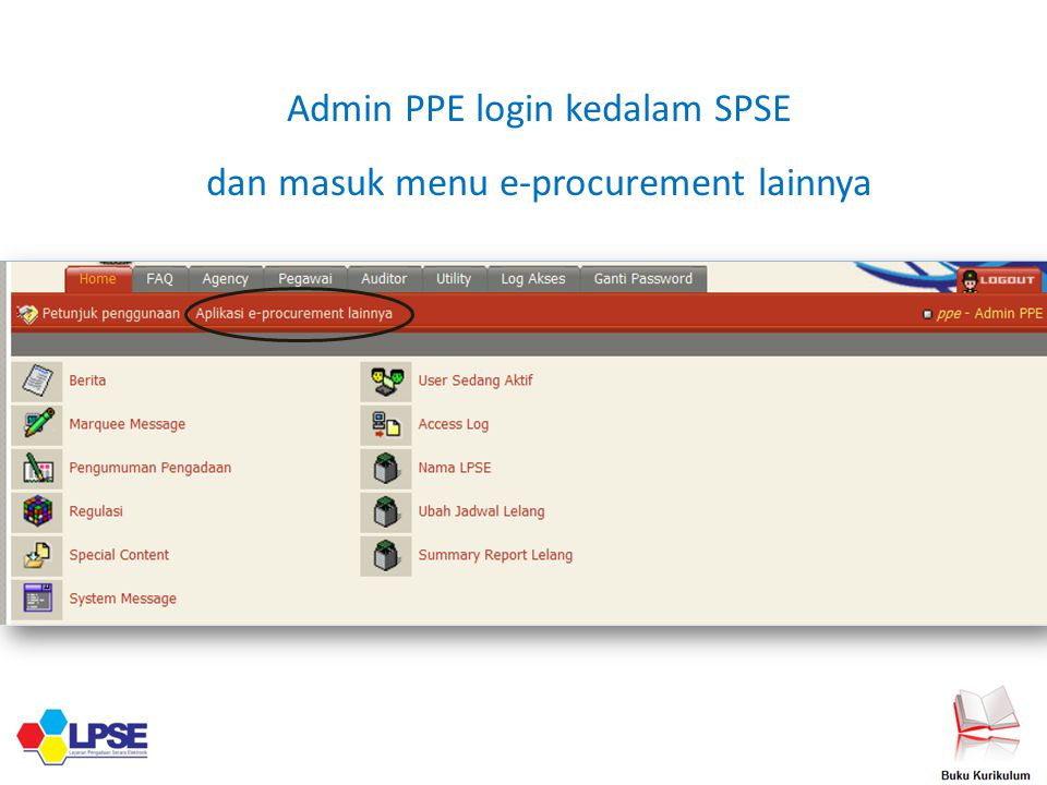 Admin PPE login kedalam SPSE dan masuk menu e-procurement lainnya