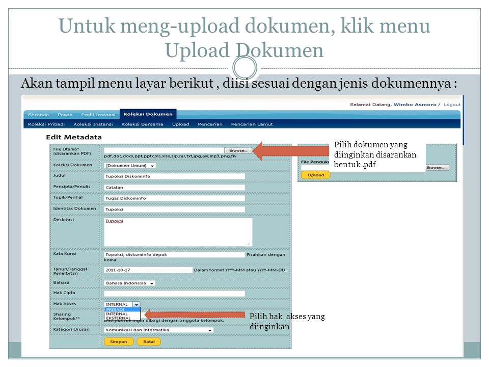 Untuk meng-upload dokumen, klik menu Upload Dokumen