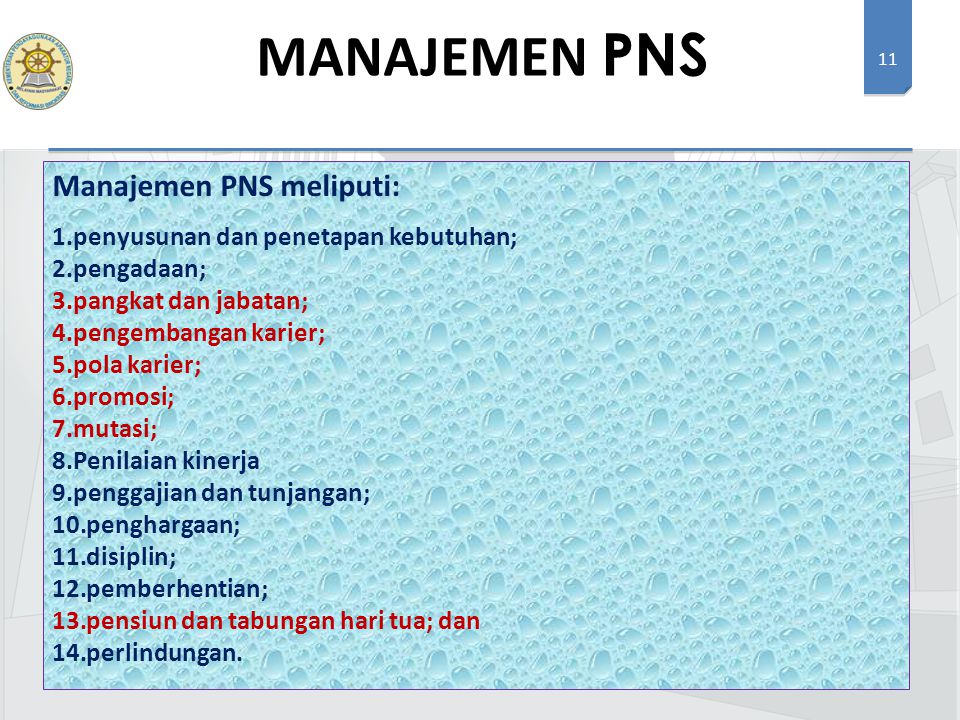MANAJEMEN PNS Manajemen PNS meliputi: